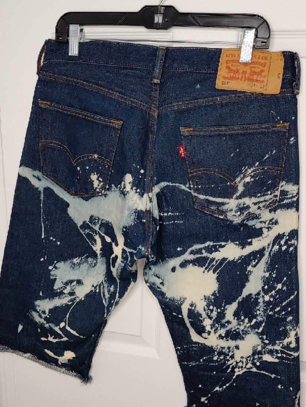 Men's Custom Levis Dark Blue Bleached Slim Jean Shorts - Picture 3 of 8